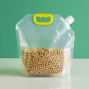 Sacchetto trasparente per cereali con manico giallo e tappo a vite bianco