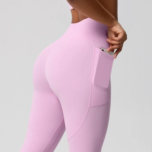 Detail showing side pocket of high waist yoga leggings with phone storage capacity