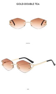 Detail view of rimless diamond-cut sunglasses with gold frame and brown gradient lenses