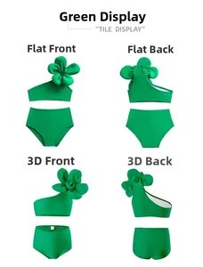 Maillot de bain deux pièces vert pour filles avec haut asymétrique et grande fleur 3D décorative