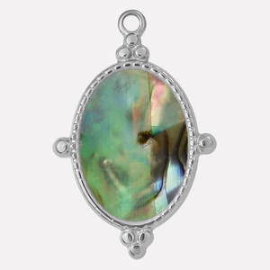 Macro detail of oval abalone shell pendant with silver beaded edge craftsmanship