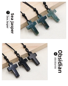 Detail of sea jasper and obsidian cross pendants with hand-woven cords and bead accents