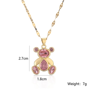 Detailed view of 18K gold plated bear pendant with pink zircon and dimensions 2.7x1.8cm