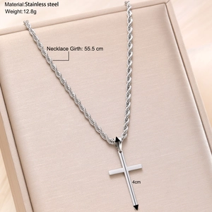 Detail view of a silver stainless steel cross pendant with a twist chain and dimensions