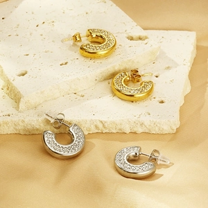 18K gold and silver plated C-shaped earrings with micro-pave cubic zirconia stones