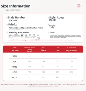 Size chart for high-waisted yoga pants with fabric specs and length measurements