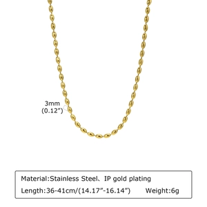 Macro shot of 3mm gold-plated stainless steel rice bead chain with size annotations