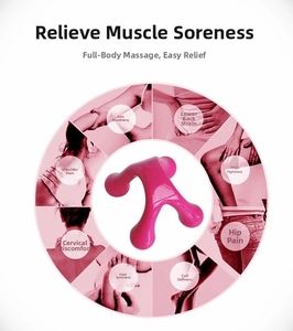 Pink manual four-point massager showing 8 application areas for body muscle relaxation