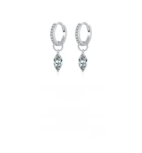 Detailed macro of S925 sterling silver hoop earrings featuring a marquise cut stone drop