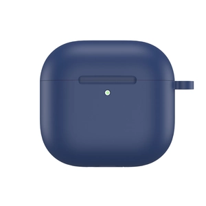 Close-up of a dark blue silicone protective case for AirPods 4 with a sleek matte finish