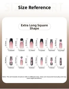 Size chart detail for extra long square French black press-on nails with 12 sizing options