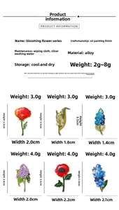 Size chart showing alloy enamel flower brooch dimensions, weights and care instructions