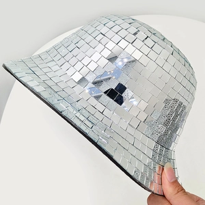 Sparkly disco ball bucket hat covered in silver mirror tiles for party and festival fashion