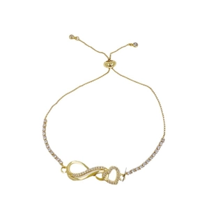 Adjustable 18K gold plated infinity heart bracelet with cubic zirconia on white background