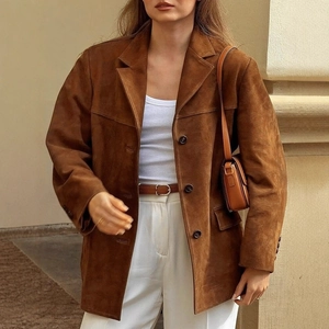 Veste En Daim Pour Femmes Revers Simple Boutonnage Décontracté Manteau Automne Hiver Avec Poches