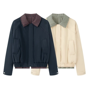 Damen Gesteppte Wattierte Jacke Karierter Revers Reißverschluss Vorne Langarm Retro Harrington Mantel