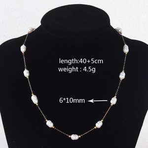 Detail of gold titanium steel necklace with irregular pearls and size specifications
