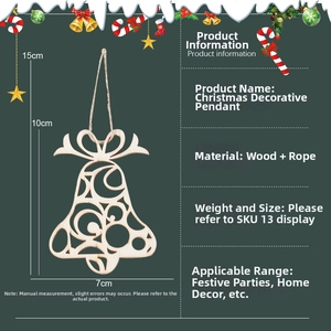 Detailed dimensions of hollow wooden Christmas bell pendant with rustic twine rope