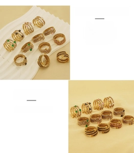 Detail of multi-layer 18k gold-plated stainless steel ring with colorful zircon stones