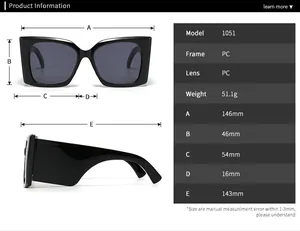 Detailed size specifications for PC frame sunglasses including lens width and bridge distance