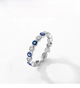 Detailed view of S925 sterling silver evil eye ring with blue enamel and clear zircons