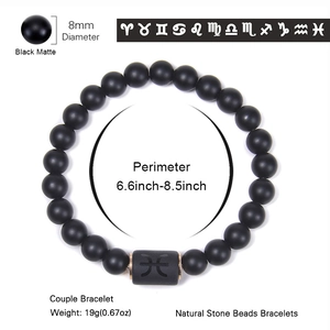 Natural black agate beaded Pisces zodiac bracelet with adjustable matte stone beads