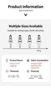 Size chart for fleece leggings showing 40-80kg fit range and fabric composition