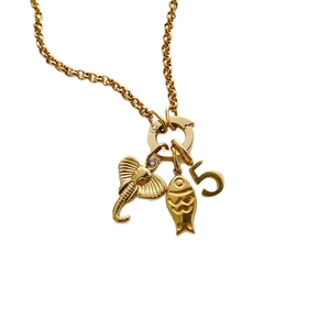 Gold-plated stainless steel DIY necklace with elephant, fish, and number 5 charms.