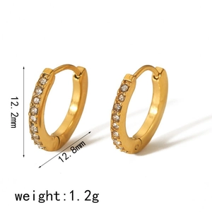 Pair of 18K gold titanium steel hoop earrings with clear zircon stones and size dimensions