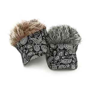 Ethnic style paisley visor hat with synthetic hair wig for outdoor street leisure wear