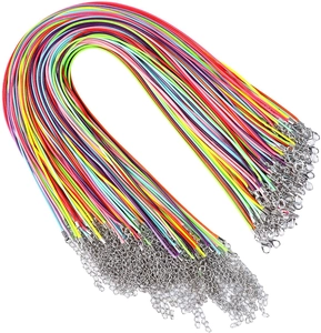 Macro shot of 2mm colorful waxed cord necklaces with silver lobster clasps and extenders