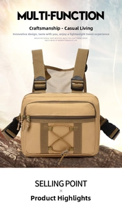 Tactical coyote brown chest pack on rock background with breathable mesh and nylon straps