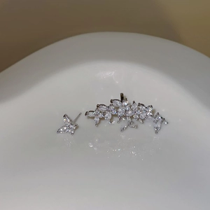 Elegant silver butterfly stud earrings and floral ear cuff set with clear zircon stones