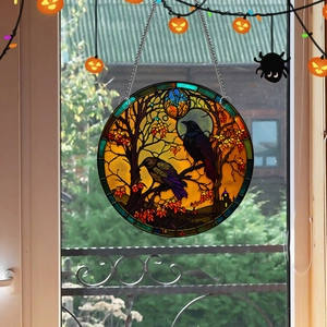 Stained glass style acrylic pendant with crows and full moon for Halloween window decor
