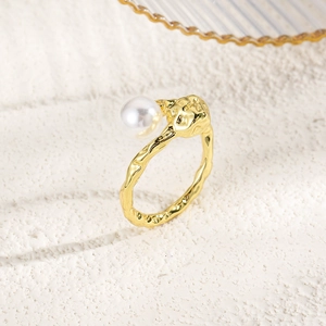 Minimalist 18k gold plated open ring with lava texture and large white pearl