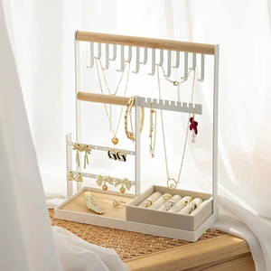 Japanese iron jewelry organizer with wooden beam, multi-layer display rack for necklaces