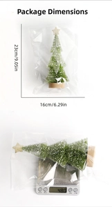 Detailed package size and weight measurements for mini snow-covered Christmas tree decoration