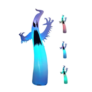 Close-up of inflatable Halloween ghost with color-changing LED lights and glowing effect