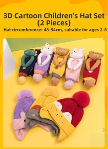 Detail of 3D cartoon knitted hat and scarf set for kids with 48-54cm circumference