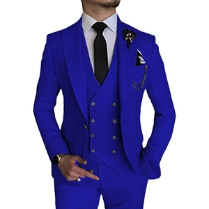 Classic royal blue three-piece men's slim fit suit with double-breasted vest and blazer