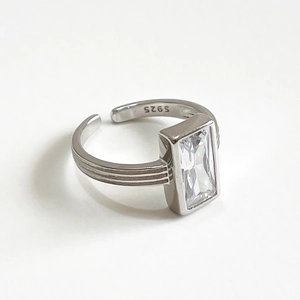 925 sterling silver open ring with large rectangular zircon in a minimalist bezel setting