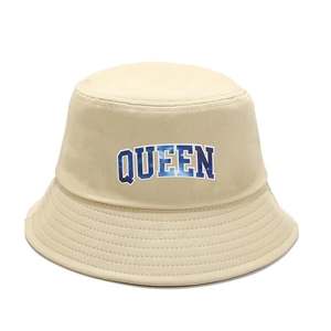 Beige cotton bucket hat with galaxy textured QUEEN letter print for street style sun protection