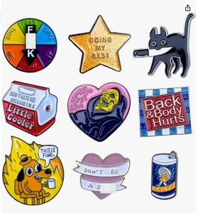 Set of nine novelty enamel pins featuring diverse meme designs and humorous quotes