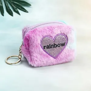 Rainbow embroidered heart plush coin purse with gradient fur and golden keychain