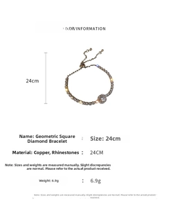 Detail of adjustable silver copper bracelet with square rhinestones and pull buckle