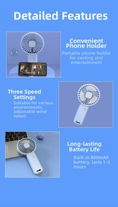 Detail view of the light blue handheld fan showing 3-speed settings and phone stand function