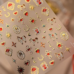 Vintage 3D embossed nail art stickers with gold roses, hearts and star moon patterns