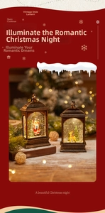 Close-up of vintage bronze Christmas lanterns with glowing Santa and reindeer scenes