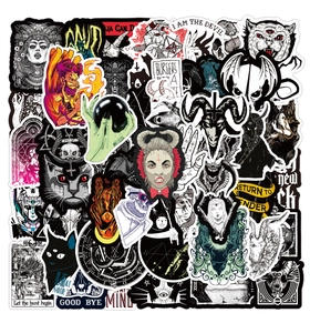 Close-up of waterproof punk gothic stickers featuring skulls, black cats and demon icons