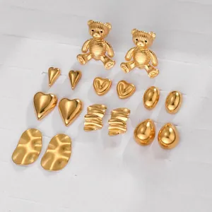 Vintage Heart Stud Earrings Stainless Steel 18K Gold Plated Geometric Water Drop Bear Shape For Women Minimalist Jewelry